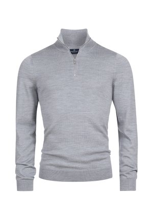 Maglione grigio con zip al collo, realizzato in tessuto a maglia. Presenta maniche lunghe e un orlo a costine. Tessuto liscio con un sottile motivo melangiato.