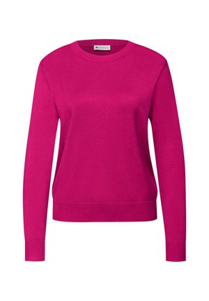 Pull fuchsia à manches longues, col rond et ourlet côtelé. Confectionné dans un tissu lisse, il présente un design simple et épuré.