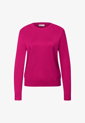 Pull fuchsia à manches longues, col rond et ourlet côtelé. Confectionné dans un tissu lisse, il présente un design simple et épuré.