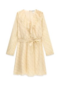 Robe jaune à manches longues avec un col à volants, une ceinture à la taille et une texture subtilement imprimée. Fermeture éclair à l'arrière.