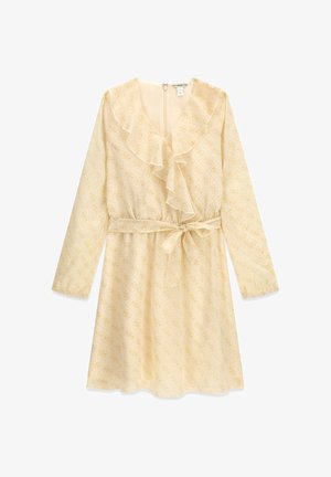 Gelbes Kleid mit langen Ärmeln, gestufter Halslinie, Bindegürtel an der Taille und dezent gemustertem Stoff. Reißverschluss auf der Rückseite.