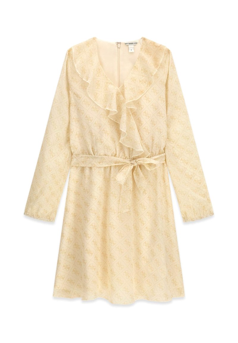 Robe jaune à manches longues avec un col à volants, une ceinture à la taille et une texture subtilement imprimée. Fermeture éclair à l'arrière.