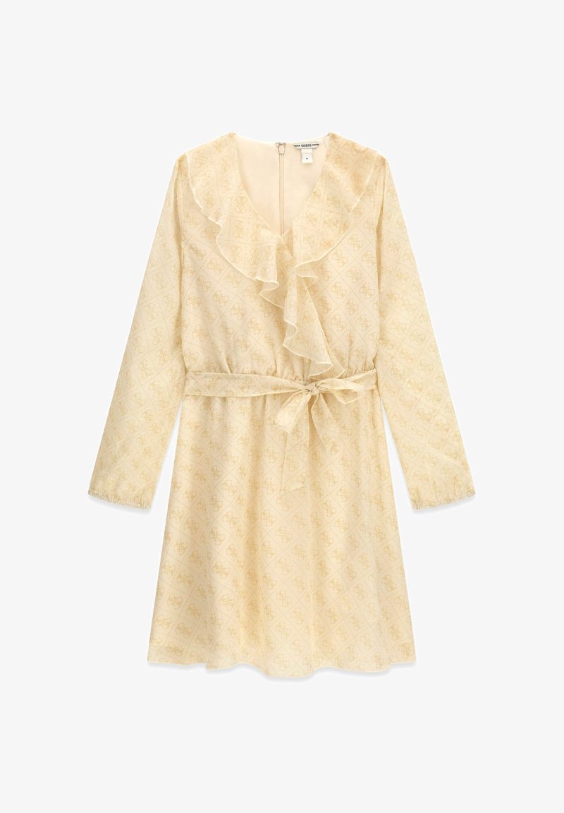 Robe jaune à manches longues avec un col à volants, une ceinture à la taille et une texture subtilement imprimée. Fermeture éclair à l'arrière.