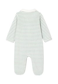 Langärmliger Baby-Body mit weißen und hellgrünen horizontalen Streifen, mit Kragen und geschlossenem Fuß, von hinten gezeigt.