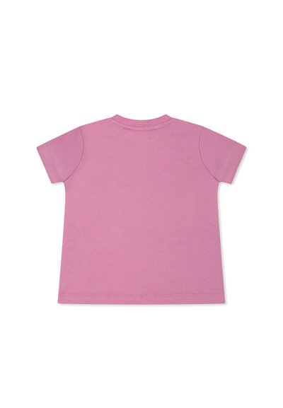T-shirt rosa a maniche corte realizzata in morbido cotone, con collo rotondo e design semplice, bordi cuciti e senza ulteriori motivi.