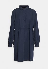 Vestido azul marinho com botões, colarinho, mangas longas e cintura com cordão. Feito de tecido leve com uma forma ligeiramente afunilada.