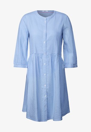 Blauw-wit gestreepte jurk met driekwartmouwen, knoopsluiting, gathering in de taille en een geplooide rok. Gemaakt van lichtgewicht stof.