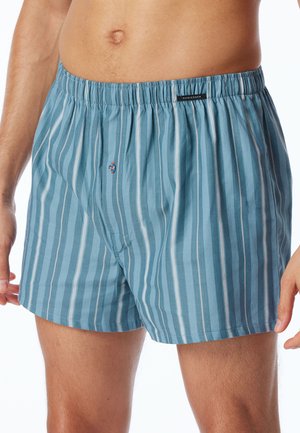 Men's blue striped boxer shorts featuring a lightweight fabric, elastic waistband, and a single button closure. Vertical stripes in various shades.