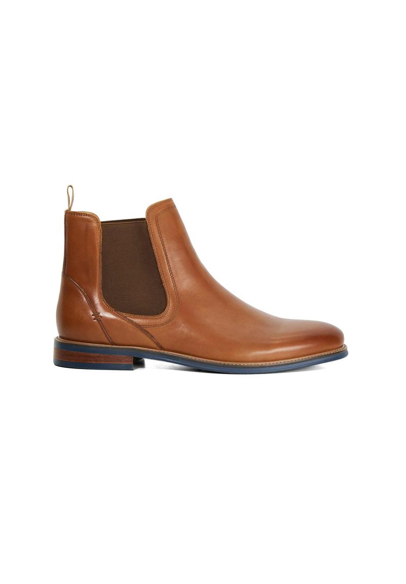 Brown leather Chelsea boot with elastic side panels, rounded toe, and a flat sole. Features a pull tab on the heel and wooden accent on the sole.