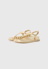 Sandali piatti d'oro con design minimalista, caratterizzati da una fascia a T, fibbia alla caviglia e texture liscia. La suola è piatta con un leggero profilo.