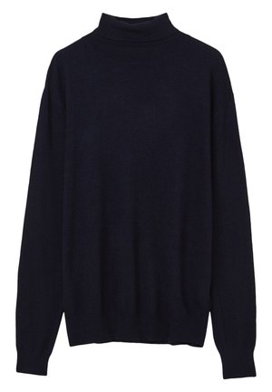 Un pull-over col roulé bleu marine en tissu tricoté doux. Présente une coupe décontractée, des manches longues et des bords côtelés.