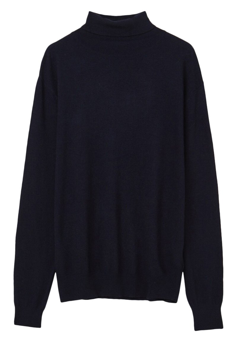 Navyblauer Rollkragenpullover aus weichem Strickstoff. Hat eine lockere Passform, lange Ärmel und gerippte Bündchen sowie einen gerippten Saum.