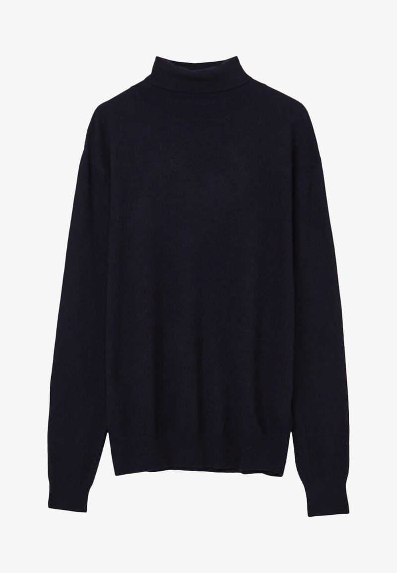 Un pull-over col roulé bleu marine en tissu tricoté doux. Présente une coupe décontractée, des manches longues et des bords côtelés.