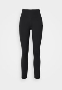 Leggings noirs avec une taille haute, en matière extensible, comportant des poches latérales, une texture lisse et un design ajusté.