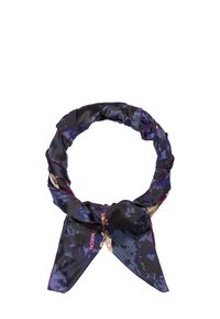 Silk scarf in dark blue with floral patterns in shades of purple and gold, featuring a deep purple border and the ROECKL logo.