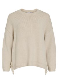 Ανοιχτό μπεζ πλεκτό πουλόβερ με στρογγυλή λαιμόκοψη, χαμηλούς ώμους, ribbed μανίκια και φουντωτές λεπτομέρειες στο τελείωμα. Απαλή υφή, casual σχέδιο.