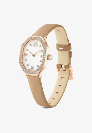 Achteckige Uhr aus roségold mit mit Kristallen besetzter Lünette, beigem Lederarmband, weißem Zifferblatt und Kristall-Stundenmarkierungen, Schweizer Herstellung.