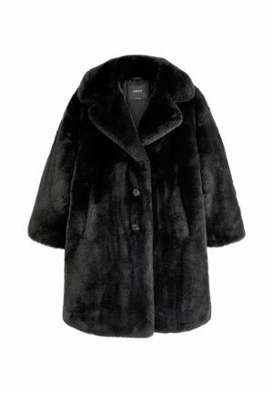 Manteau en fausse fourrure noire avec un large col, trois boutons et des manches amples. Texture douce et design mi-long.
