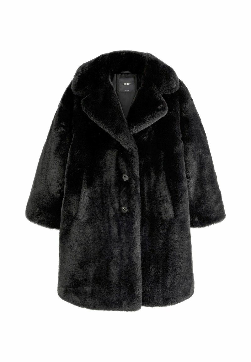 Manteau en fausse fourrure noire avec un large col, trois boutons et des manches amples. Texture douce et design mi-long.