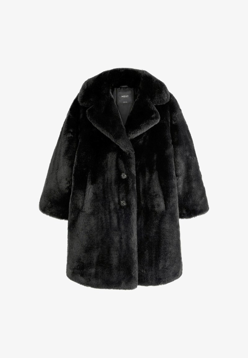 Cappotto in pelliccia sintetica nera con ampio colletto, tre bottoni e maniche svasate. Tessuto morbido e design di lunghezza media.