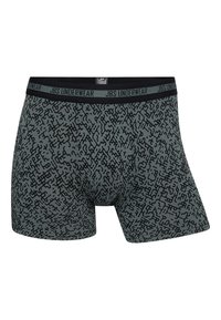 Boxershorts aus grauem Material mit einem schwarzen abstrakten Muster. Der Bund ist schwarz mit dem Text "JBS UNDERWEAR" in Grau.