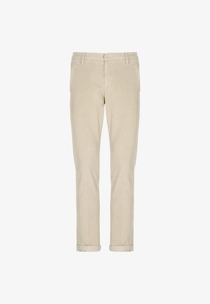 Pantaloni in corduroy beige a gamba dritta con tasche anteriori, passanti per cintura e orli risvoltati, esposti su uno sfondo bianco.