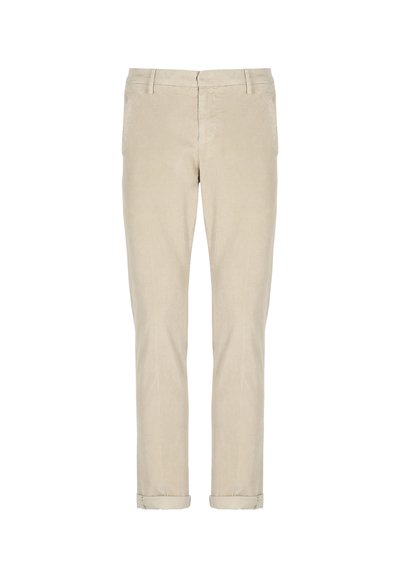 Pantaloni in corduroy beige a gamba dritta con tasche anteriori, passanti per cintura e orli risvoltati, esposti su uno sfondo bianco.