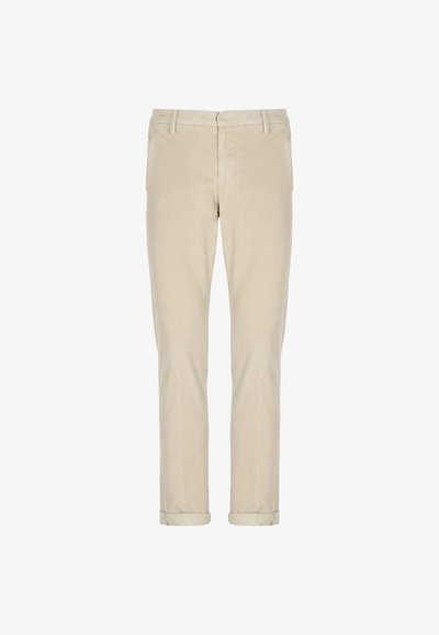 Pantaloni in corduroy beige a gamba dritta con tasche anteriori, passanti per cintura e orli risvoltati, esposti su uno sfondo bianco.
