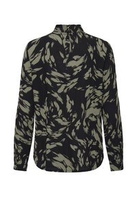 Blouse met lange mouwen in zwart met een abstract penseelstreekpatroon in olijfgroen. Heeft een hoge kraag en knoopsluiting aan de achterkant. Zachte textuur.