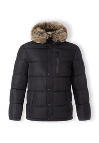 Chaqueta acolchada negra con capucha forrada de pelo sintético, diseño acolchado, cierres de cremallera y botón, y bolsillos laterales; la tela parece suave e insulated.
