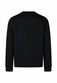 Schwarzer Crewneck-Pullover, lange Ärmel, gerippte Bündchen und Saum, aus weichem Stoff mit glatter Textur. Keine sichtbaren Logos oder Muster.