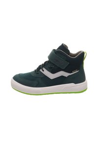 Scarpa alta per bambini di colore verde scuro con dettagli grigi. Realizzata in pelle e tessuto, presenta una striscia in velcro e una suola strutturata.