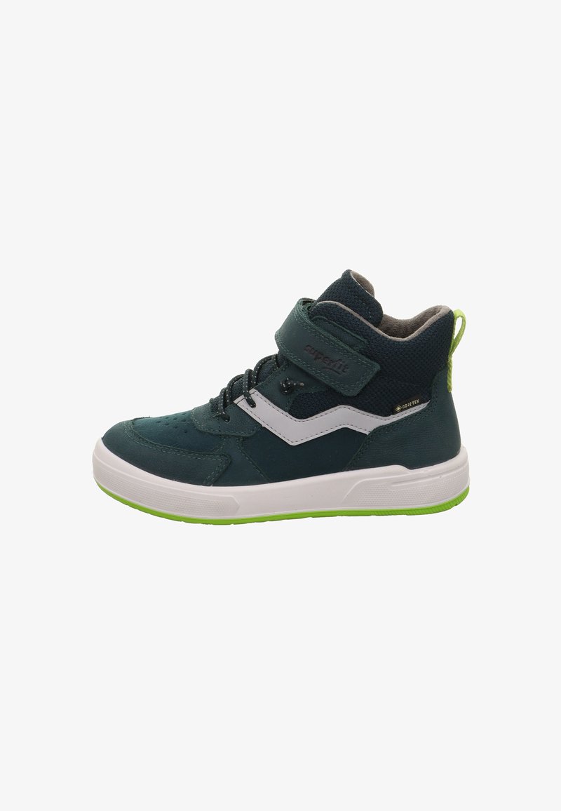 Scarpa alta per bambini di colore verde scuro con dettagli grigi. Realizzata in pelle e tessuto, presenta una striscia in velcro e una suola strutturata.