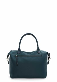 Jūros žalsvos odos rankinė su dviem rankenomis, priekyje su užtrauktuku kišenė ir lygiu paviršiumi. Su sidabrinės spalvos apvadais ir struktūruota siluetu.