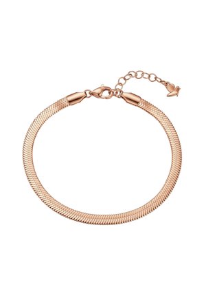 Pulsera cadena de oro rosa con eslabones planos entrelazados y cierre de broche de langosta con cadena extensible ajustable.