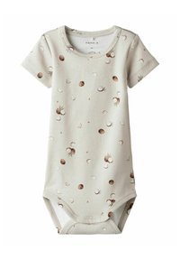 Body dla niemowląt z krótkim rękawem w jasnobeżowym kolorze z nadrukiem kokosa, z zapięciem na napy na dole i okrągłym dekoltem.
