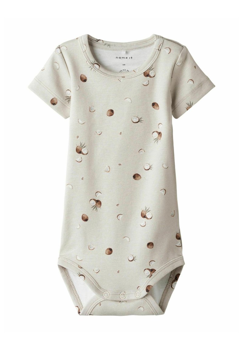 Body dla niemowląt z krótkim rękawem w jasnobeżowym kolorze z nadrukiem kokosa, z zapięciem na napy na dole i okrągłym dekoltem.