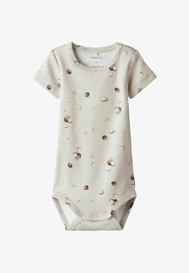 Body dla niemowląt z krótkim rękawem w jasnobeżowym kolorze z nadrukiem kokosa, z zapięciem na napy na dole i okrągłym dekoltem.
