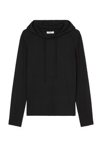 Felpa nera a maniche lunghe con cappuccio e coulisse, realizzata in tessuto morbido, esposta su uno sfondo bianco.