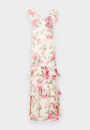 Kohviline maksi kleit kreemvalge taustaga, millel on roosad roosid ja rohelised lehed, volangvarrukad ja kihilisus, valmistatud kergest kangast.