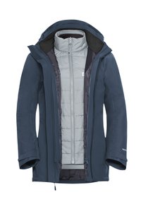 Veste extérieure bleu marine avec une doublure intérieure isolante grise, dotée d'une fermeture éclair et d'une capuche, fabriquée en matériau lisse et résistant à l'eau.