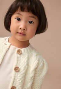 Cardigan en tricot de couleur crème avec un design à torsades texturé, doté de boutons en bois et d'un col côtelé, porté sur une chemise légère.