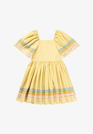 Yellow cotton dress with a square neckline, puff sleeves, and layered ruffled hem. Trimmed with multicolored zigzag pattern accents.