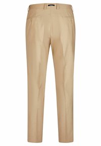 Beige op maat gemaakte broek met een zachte, getextureerde stof. Heeft twee achterzakken en een knoop, met een rechte pijpdesign.