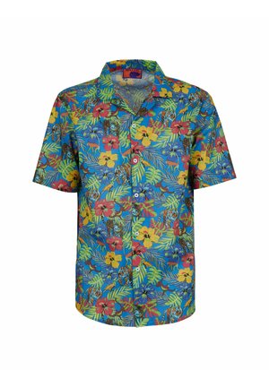 Camicetta a maniche corte con sfondo blu e vivaci motivi floreali e animali tropicali in rosso, giallo, verde e nero. Chiusura con bottoni.