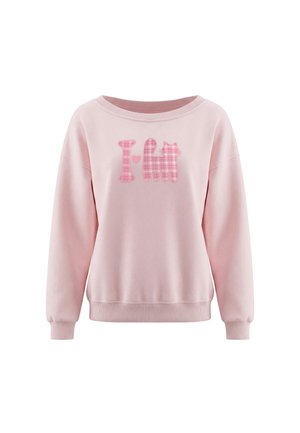 Lyserød sweatshirt med ribbet krave og manchetter, med et lyserødt ternet "I" og kattegrafik med et lille hjerte mellem dem på brystet.