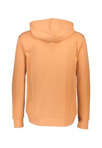 Huvtröja i mjukt, lätt tyg; orange färg; har långa ärmar och en känguruficka; slät textur; ribbade ärmslut.