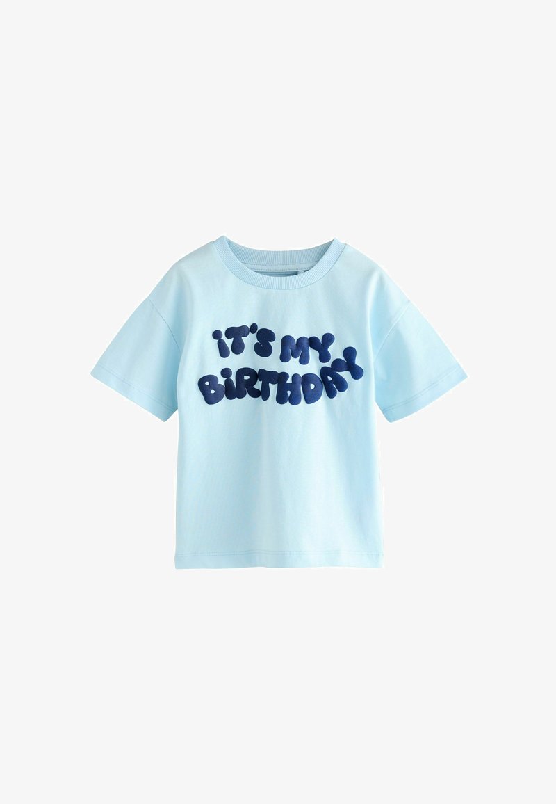Light blue short-sleeve T-shirt with dark blue bubble letters reading "It's my birthday" on the front.