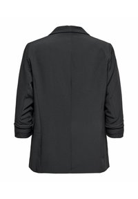 Črni krojeni blazer s tremi četrtinami rokavov, prikazan od zadaj na belem ozadju.