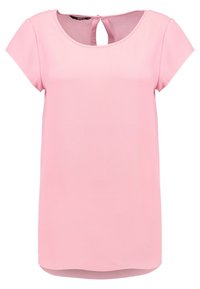 Haut rose à manches courtes avec un col rond, détail à ouverture à l'arrière et texture lisse. Design simple avec une coupe décontractée.